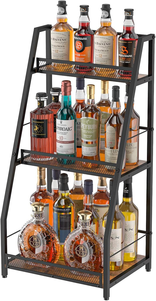 3-Tier Trapezoid Liquor Stand for Home Bar, Stepped Wine Rack Freestanding Floor for Liquor Whiskey Wine, Versatile Corner Wine Bottle Display Stand with Fences, Vintage Brown（Patent Pending）