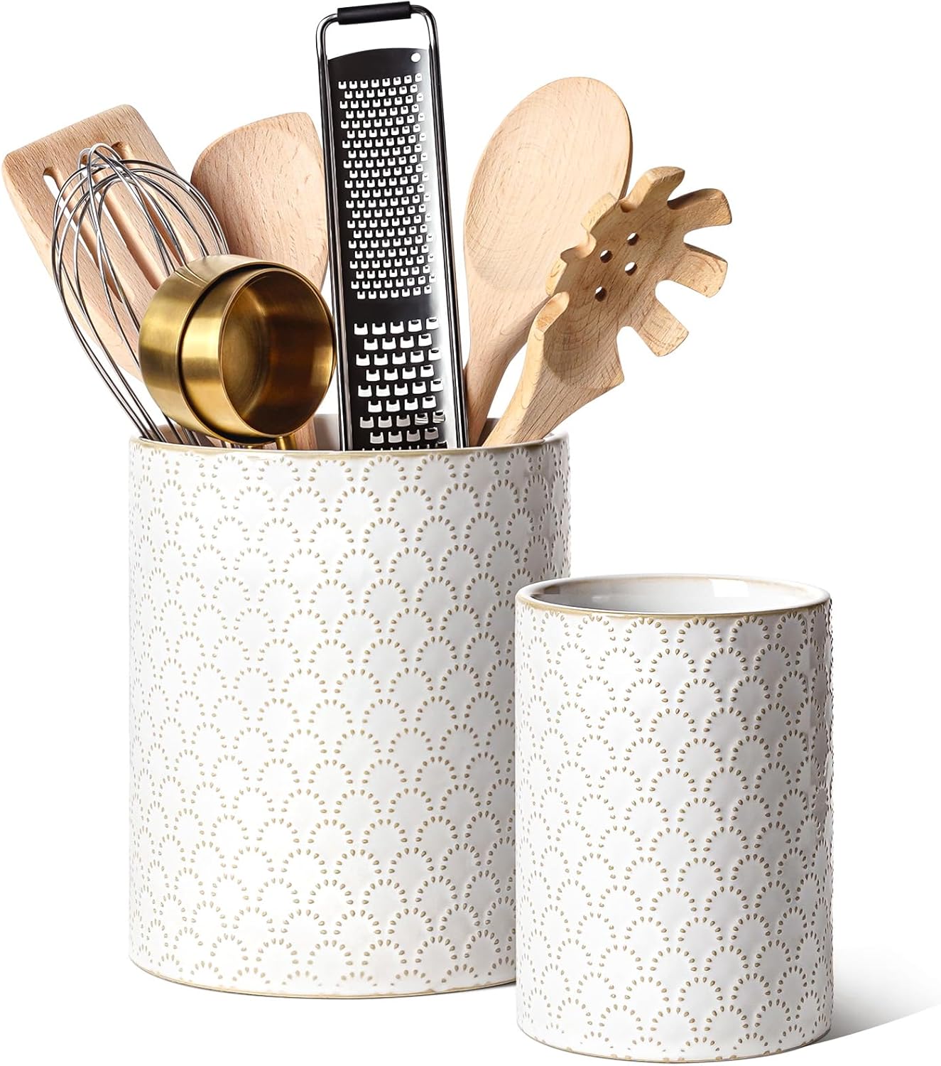 LE TAUCI Utensil Holder, 7.1"+5.4" Ceramic Kitchen Utensil Holder for Counter top, Embossed Cooking Utensil Organizer for Spatula & Spoon, Kitchen Decor, Set of 2, Arctic White, Fireworks