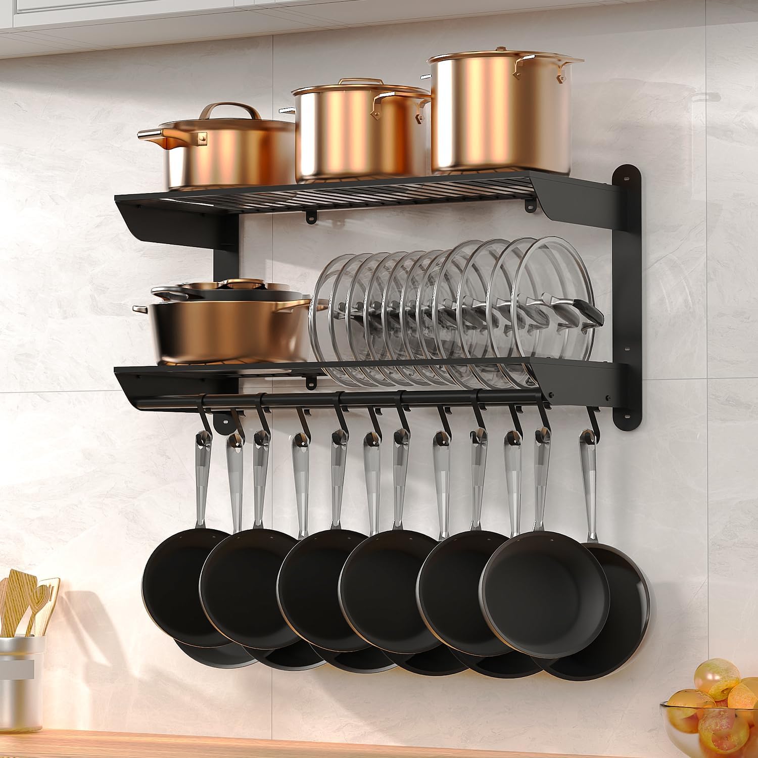 Taozun 30 Inch Pot and Pan Organizer, 2 Tier Heavy Duty Pot Rack Wall Mounted with 12 Hooks, Kitchen Cookware Utensils Hanger Organizers and Storage