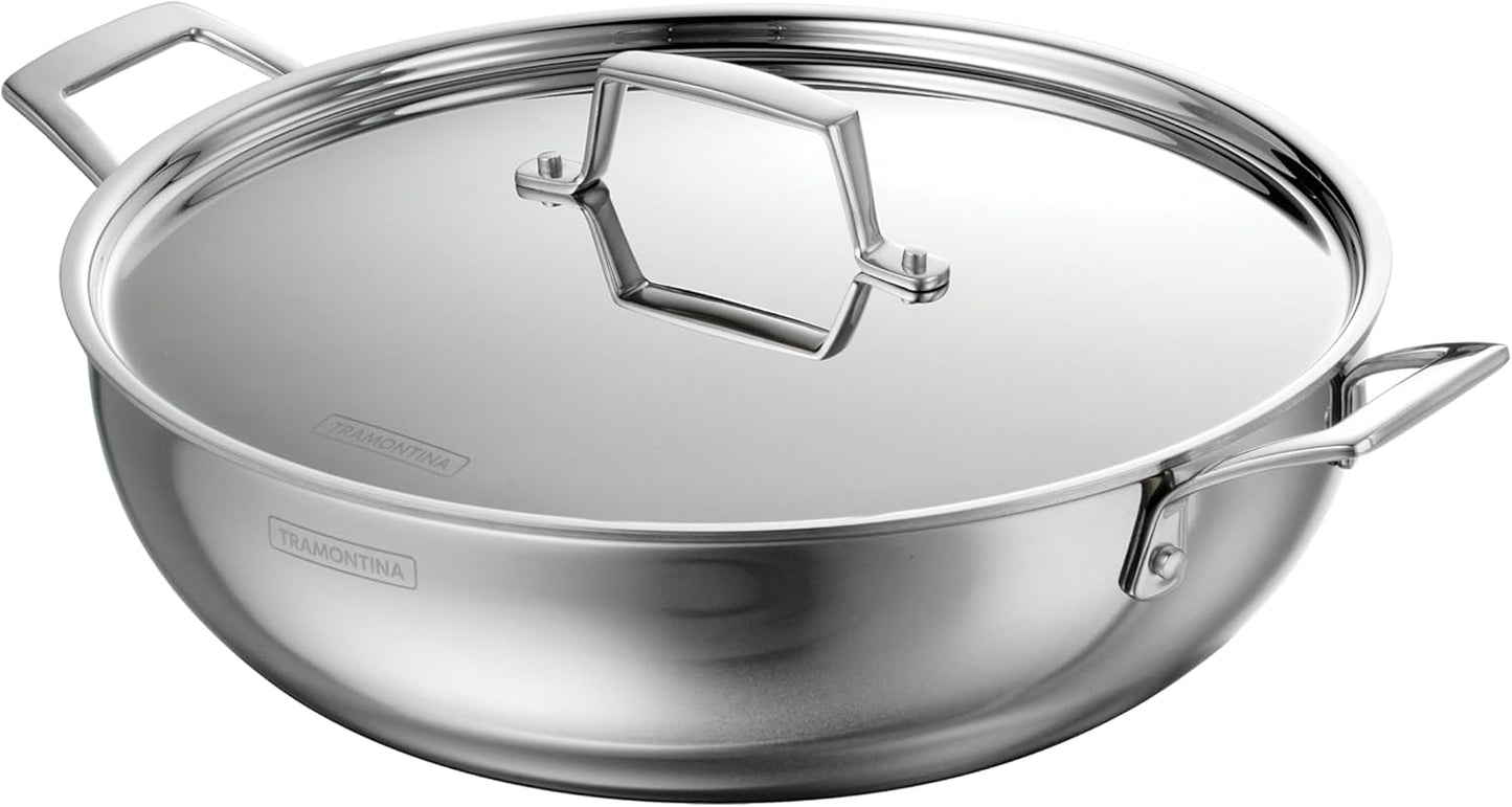 Tramontina Utsava 6-Quart Tri-Ply Clad Stainless Steel Kadai with Lid, Extra Large Kadhai Pot for Indian Cooking
