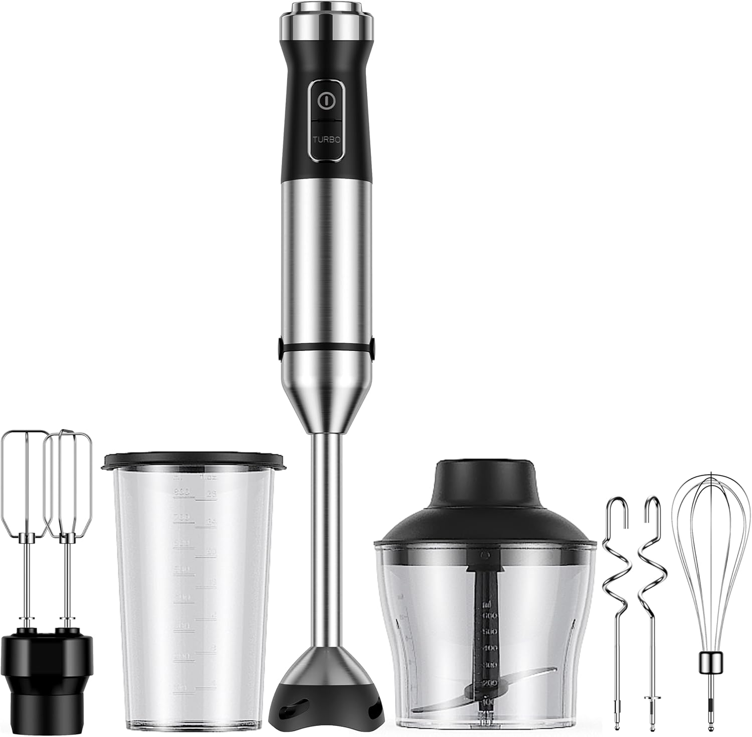 6-in-1 Immersion Blender, 1000W Hand Blender with 20 Speeds, Scratch-Resistant Stick Mixer with Whisk, Chopper, Beaker, Egg Beaters & Dough Hooks – Heavy Duty Hand Mixer, Black