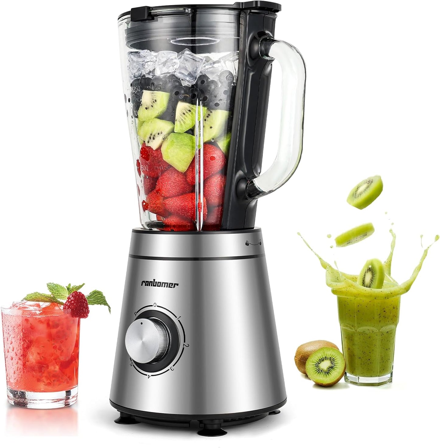 Blender,Blenders for Kitchen,Glass Blender for Shakes and Smoothies,crush ice,51 oz Glass Jar,Simple Speed Dial,6 Stainless Steel Blades, Ice Crusher with Speed Control, Silver.