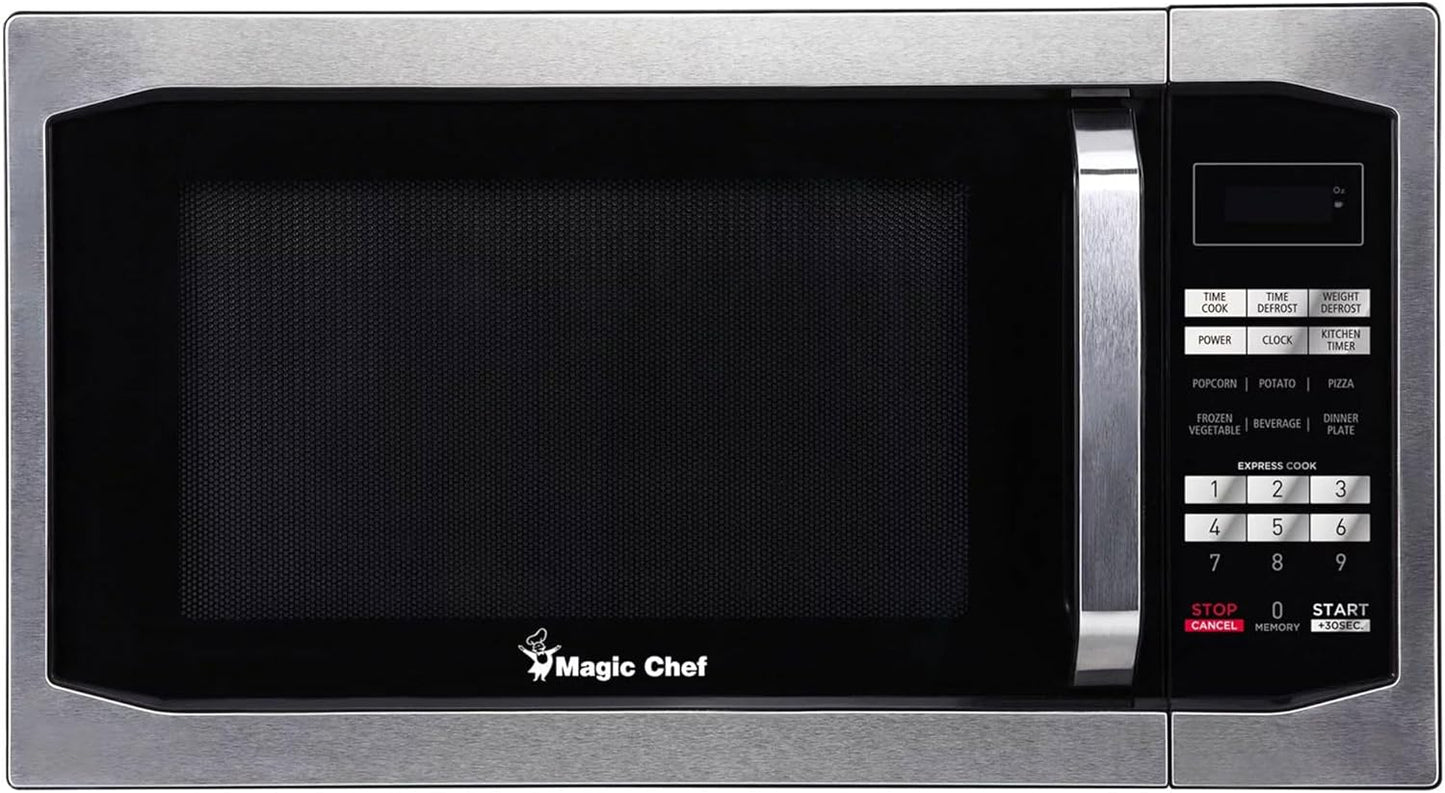 Magic Chef Compact Countertop Microwave Oven, 1,100 Watts, Stainless Steel, 1.6 Cu. Ft. - Digital Kitchen Appliance with One-Touch Cooking, Child Lock, Timer, Reheat, Defrost, and 10 Power Levels