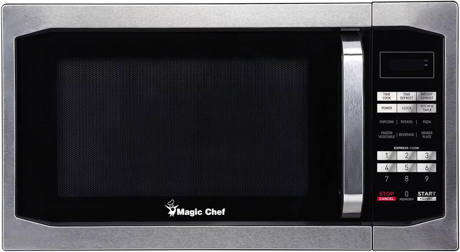 Magic Chef Compact Countertop Microwave Oven, 1,100 Watts, Stainless Steel, 1.6 Cu. Ft. - Digital Kitchen Appliance with One-Touch Cooking, Child Lock, Timer, Reheat, Defrost, and 10 Power Levels