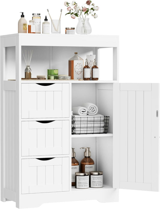 YESHOMY Bathroom Storage Cabinet Freestanding Floor Cupboard with 1 Door and 3 Drawers for Kitchen, Living Room, White