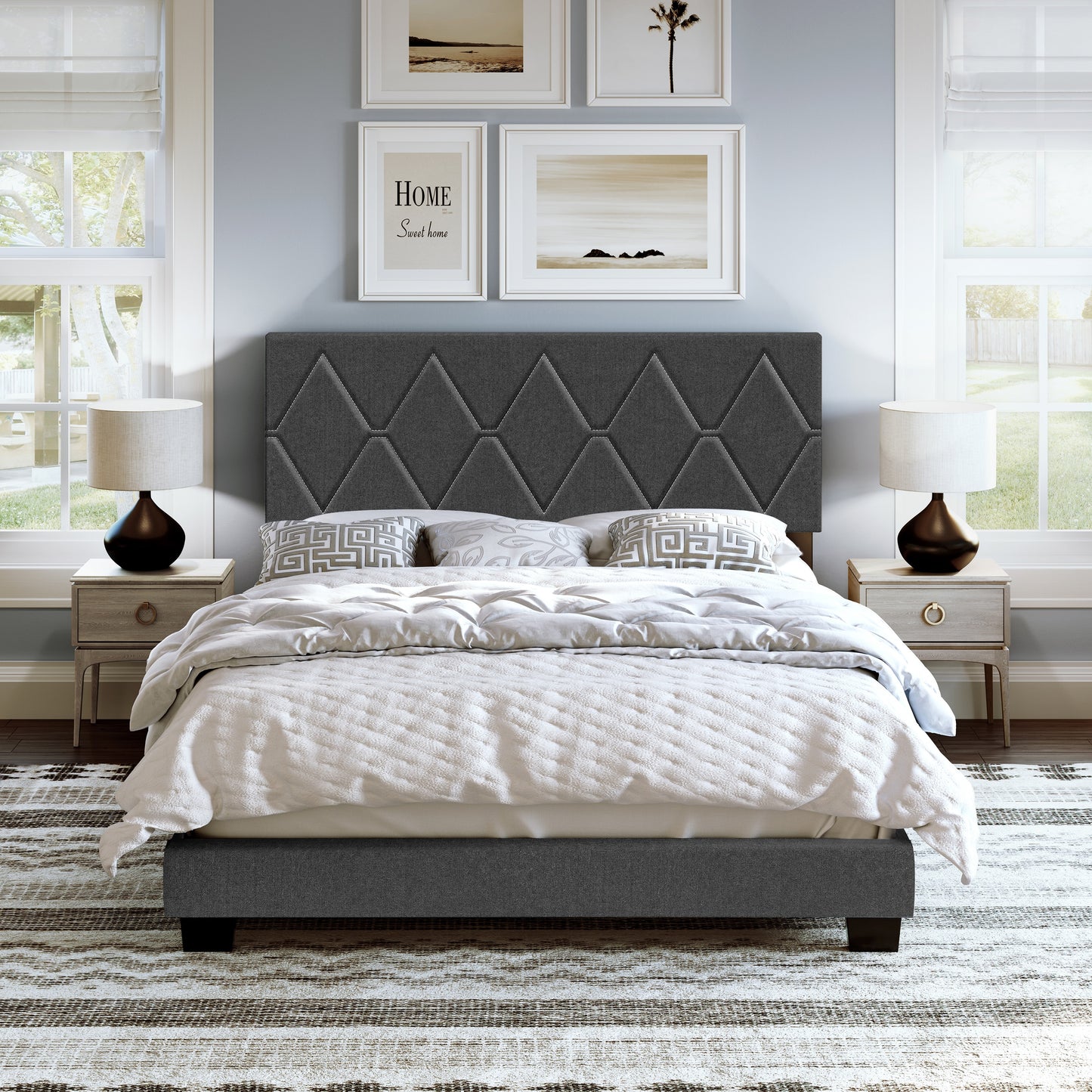 Boyd Sleep  Diamond Linen Upholstered Platform Bed Frame with Headboard-Sturdy 4 Slat wood Support System- Requires Box Spring or Foundation