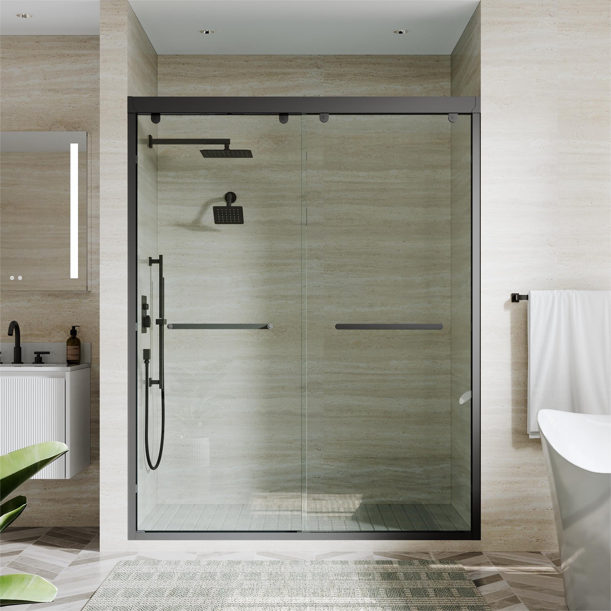 WELLFOR Matte Black 56-in to 60-in W x 75-in H Framed Clear Glass Sliding Soft Close Shower door