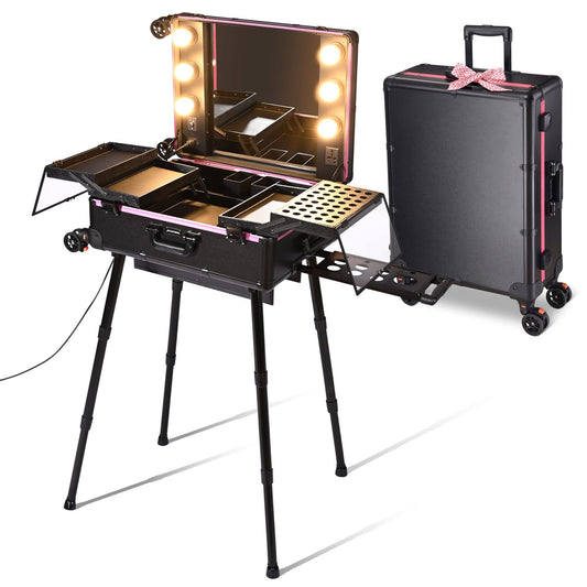 Yescom Byootique Rolling Makeup Case with Bulb Mirror Adjustable Leg Detachable Wheel