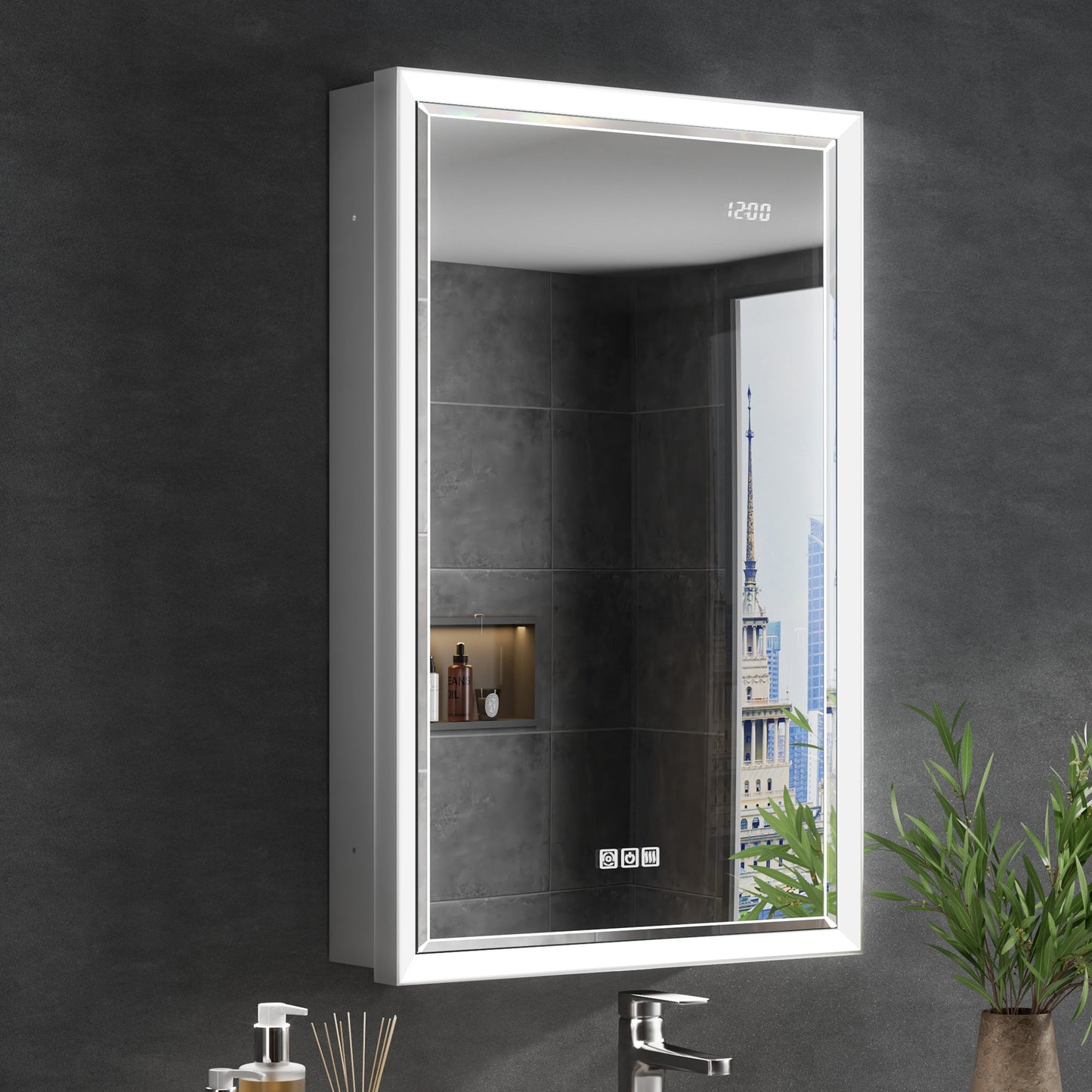 QueenFun Anglora 20.02-in x 32-in Lighted LED Fog Free Surface/Recessed Mount Silver Mirrored Rectangle Soft Close Medicine Cabinet