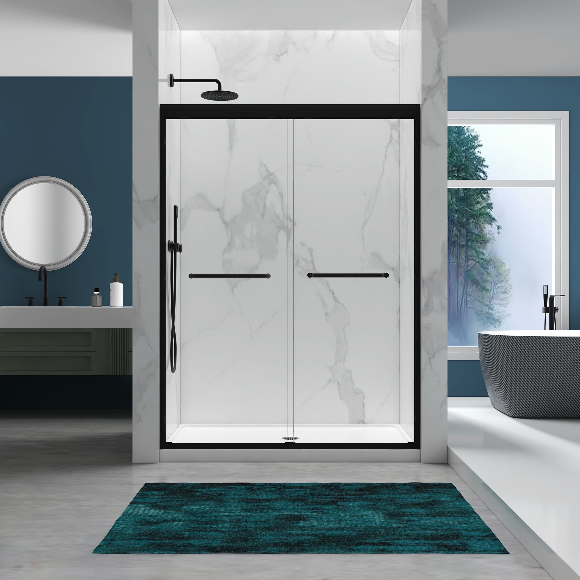 LOVMOR 56-60in  x 72in  Tempered Glass Aluminum Frame Double Sliding Shower Door 1/4in  (6mm) Stainless Steel Handles Matte Black