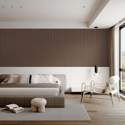 LOVMOR 0.83 in. x 7.87 ft. x 1 ft. Slat Wood Walnut Brown Polyurethane Sound Absorbing Walnut Decorative Wall Paneling 4-Pack