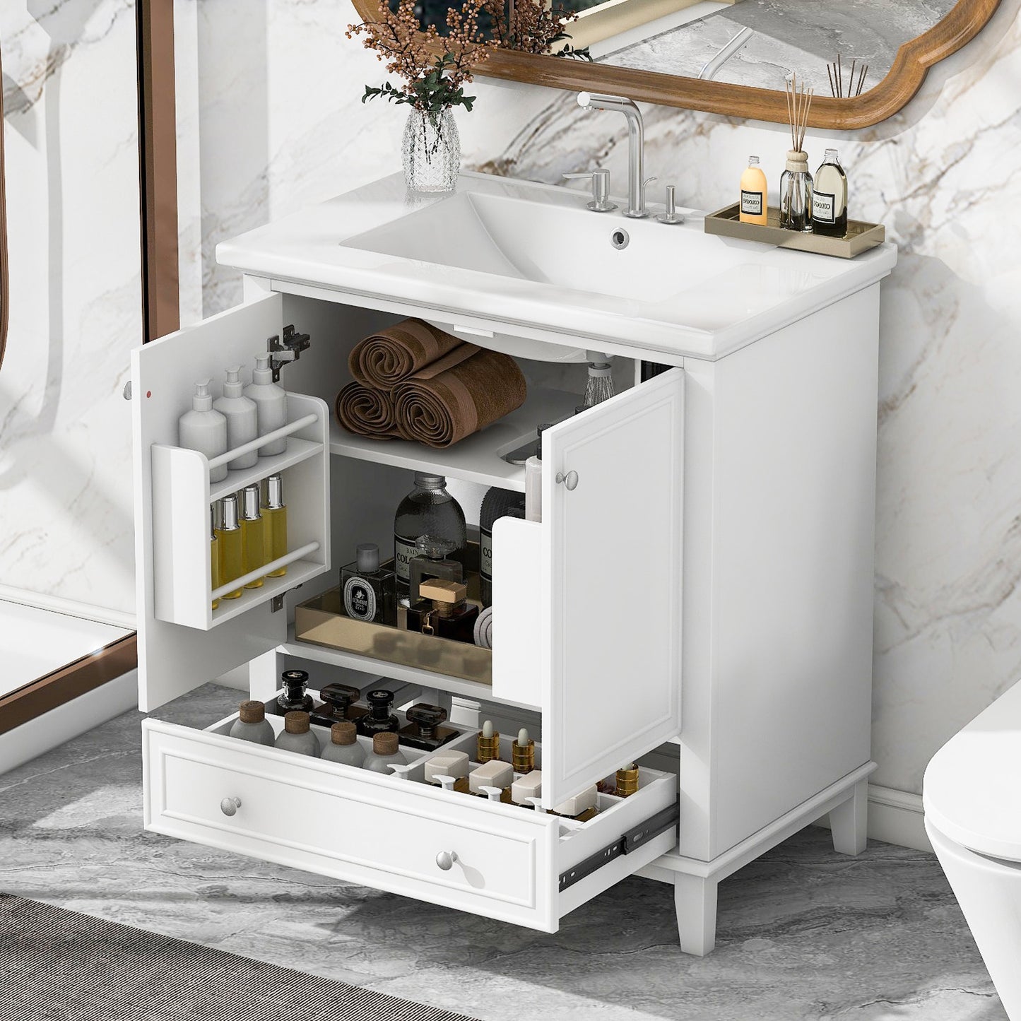 ModernLuxe 30inch Bathroom Vanity with Sink Combo Multifunctional Bathroom Cabinet with Doors and Drawer Solid Frame and MDF Board White