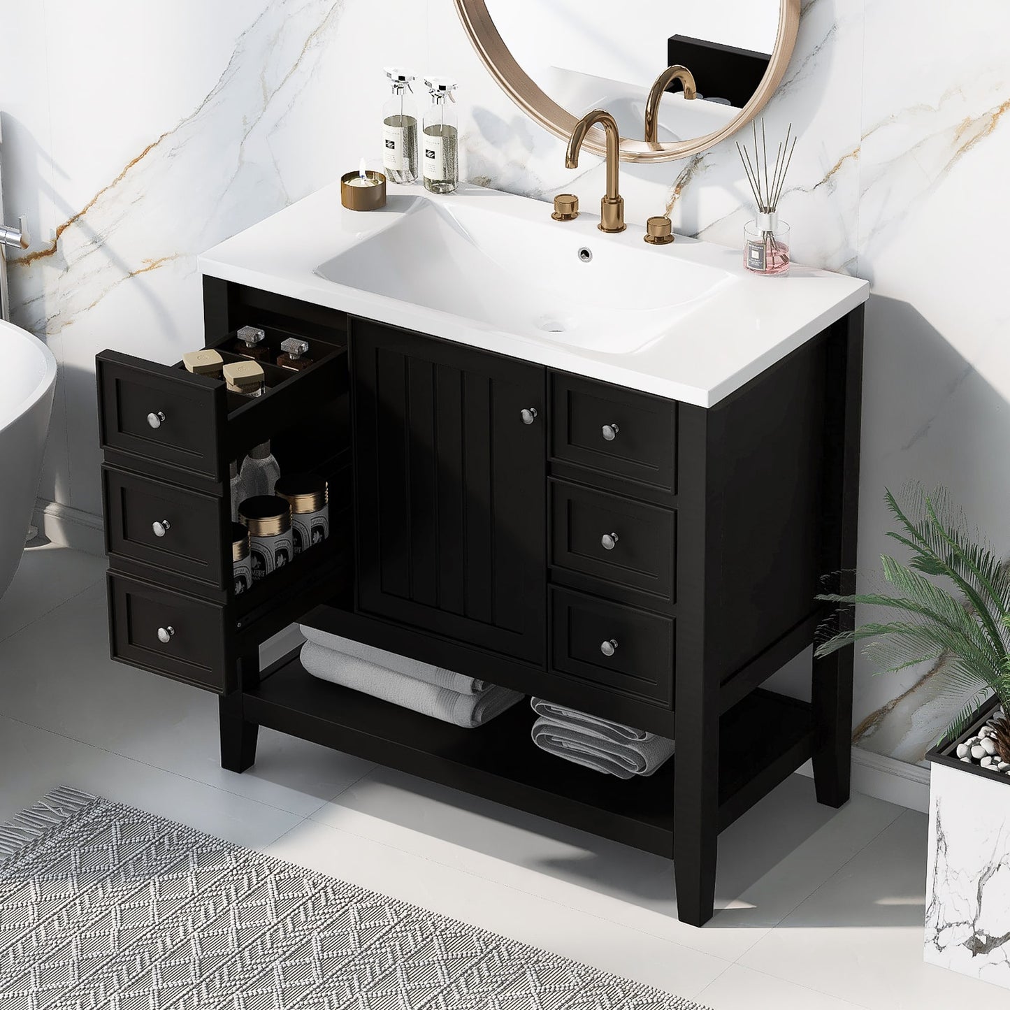 ModernLuxe 36inch Bathroom Vanity with Sink One Cabinet and Three Drawers Solid Wood and MDF Board Black