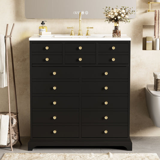 ModernLuxe  30inch Bathroom Vanity with Ceramic Sink Combo Solid Wood Frame Bathroom Storage Cabinet Freestanding Vanity Set with 2 Drawers Soft Closing Doors Black