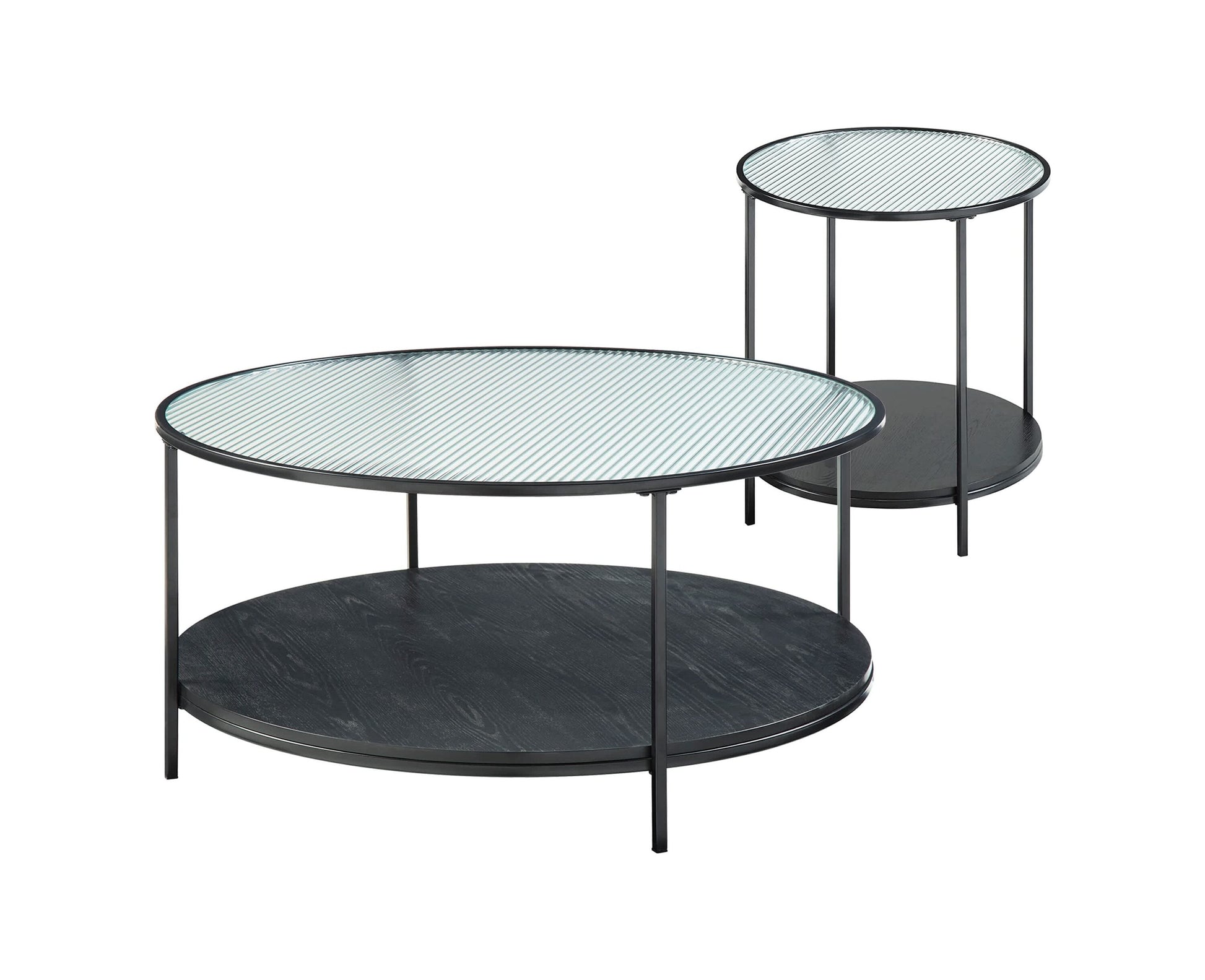 Vynxaria  Series 20 in. Black Round Glass End Table with Fluted Glass Top and Metal Frame