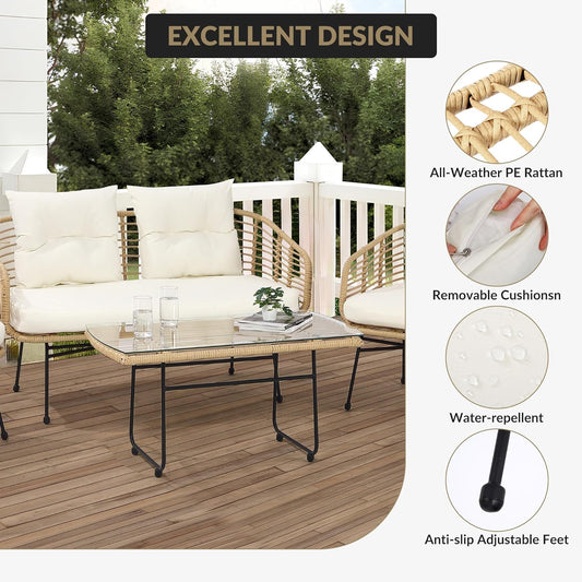 Qeetex Patio Furniture Set Outdoor Couch 4-Piece Outdoor Patio Set with Sofa Boho Rope Wicker Patio Conversation SetFront Porch Furniture with Loveseat Tempered Glass Table for Backyard Garden