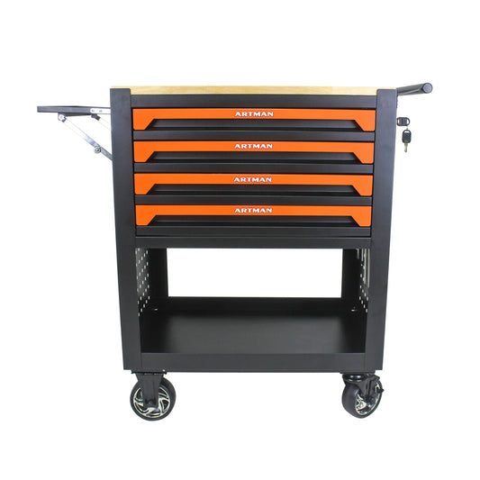 Tatayosi Orange 4 Drawer Multifunctional Tool Cart with Wheels and Wooden Top