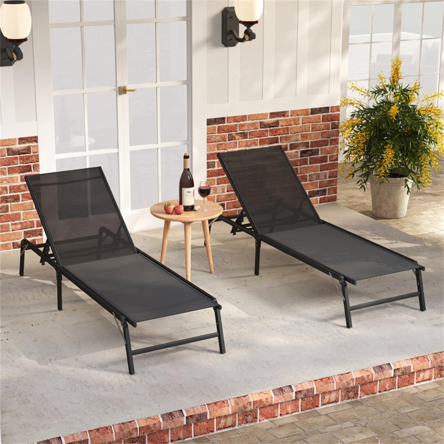 BABOOM Foldable Patio Chair Set of 2 Black Metal Frame Stationary Chaise Lounge Chair with Black Sling Seat