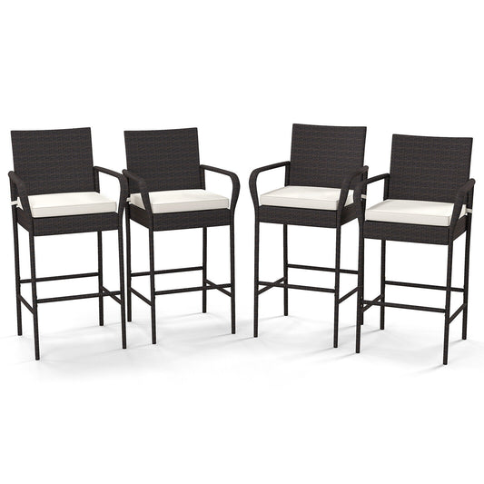 YERIVA Set of 4 Rattan Mix Brown Rattan Frame Stationary Bar Stool Chair with Off-white Cushioned Seat