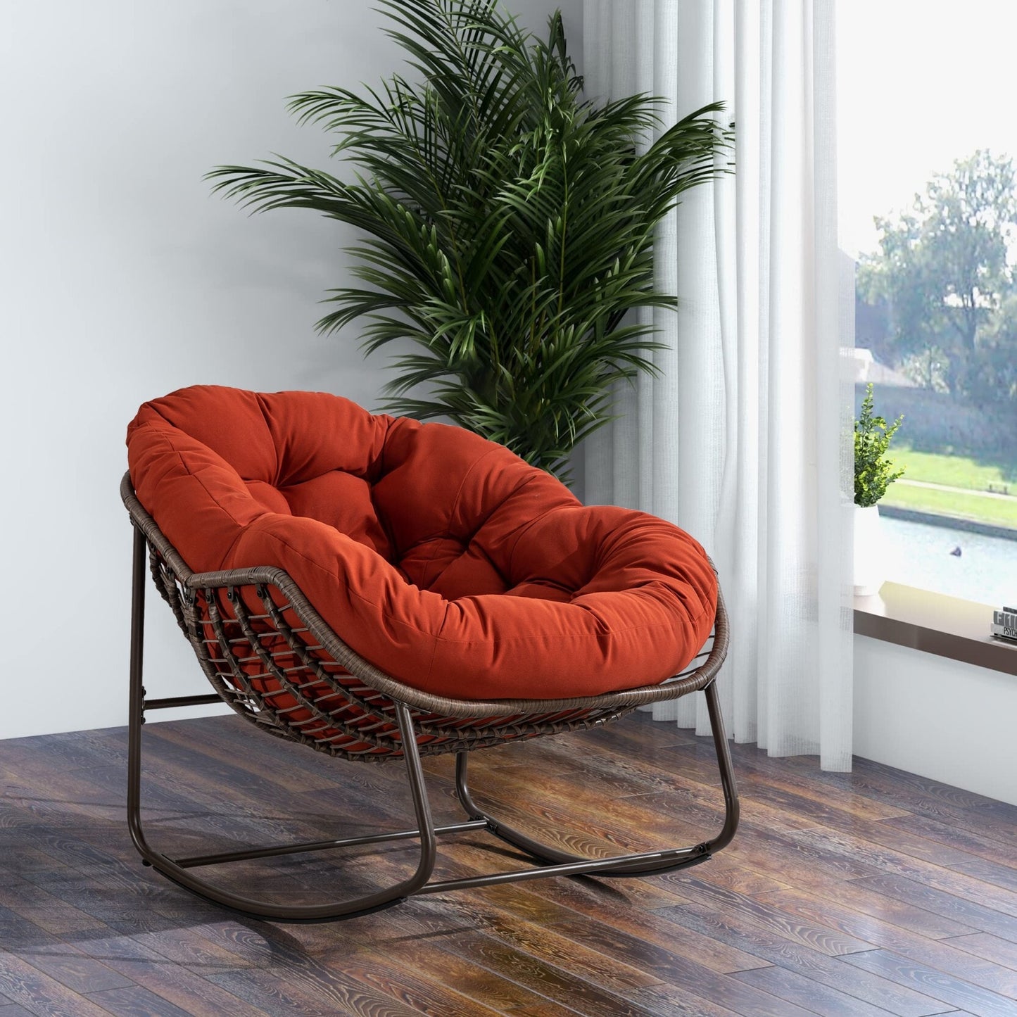 Miki Shinly Rattan Rocking Chair Woven Polished Steel Frame Rocking Chair with Orange Cushioned Seat