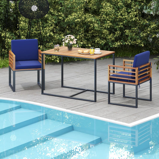 Mondawe 3 -Piece Black Patio Dining Set Wood Rectangle Table with 2 Blue Cushions Stackable Stationary Chairs