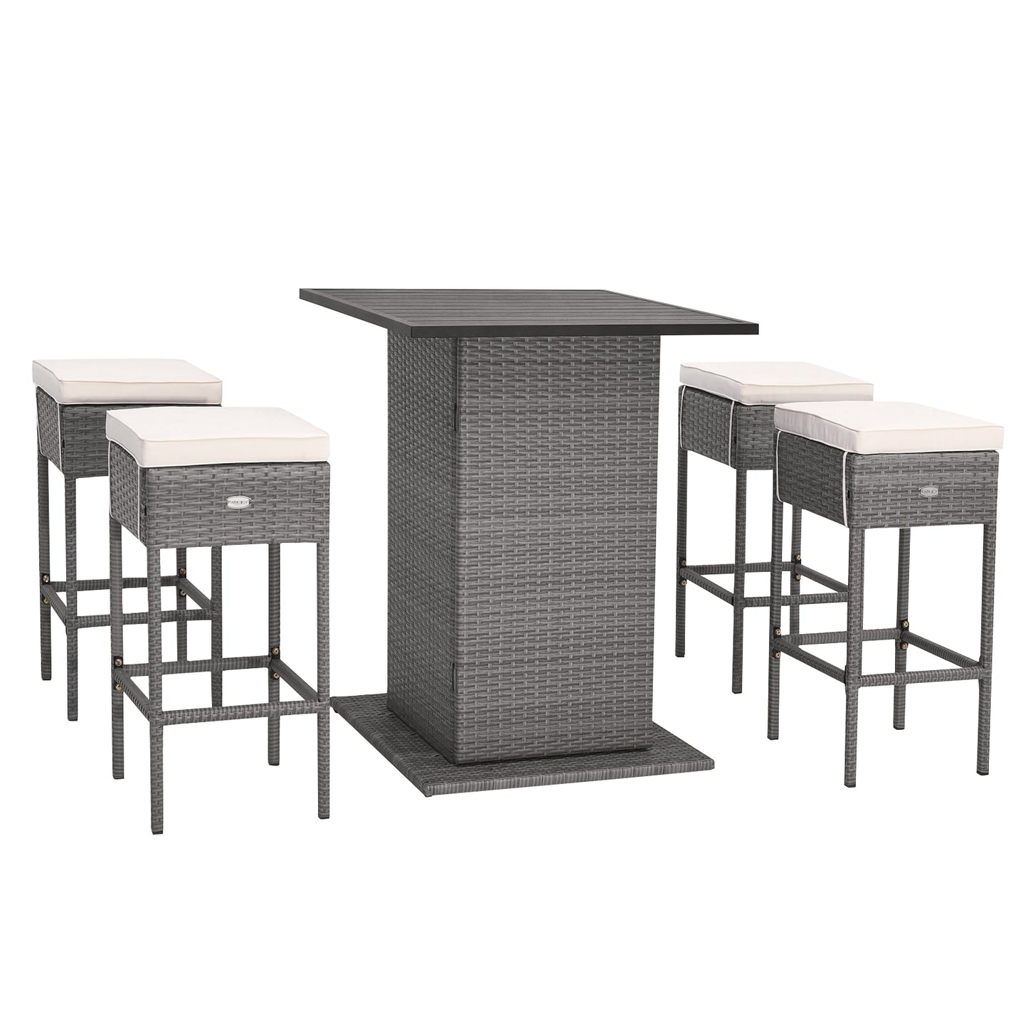 YERIVA 5 -Piece Gray Rattan Bar Height Patio Dining Set Rattan Square Table with 4 Off-white Cushions Stationary Chairs