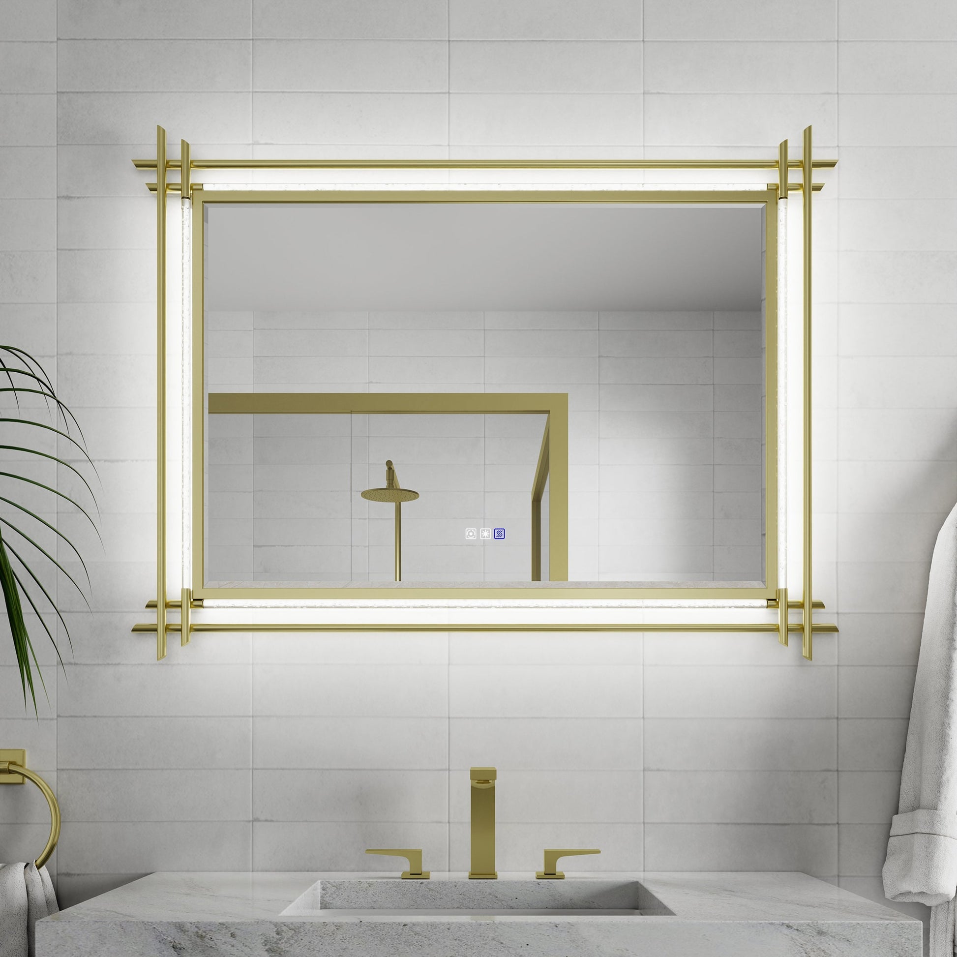 AAZJ V13 Frame LED Mirror 48-in x 36-in Framed Rectangle Dimmable LED Lighted Fog Free Bathroom Vanity Mirror ( Powder-coated gold )