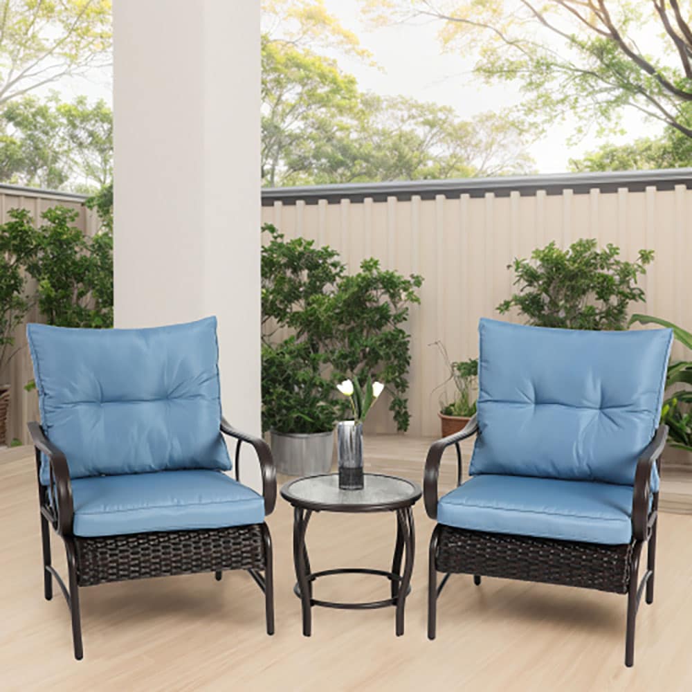 GZMR 3 Pieces Patio Set Outdoor Wicker Furniture Sets 3 -Piece Patio Conversation Set with Blue Cushions