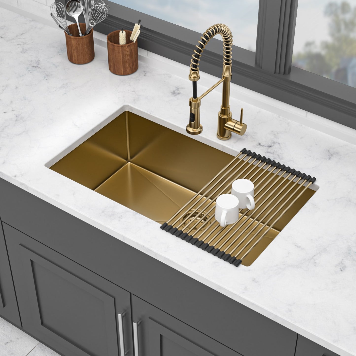 Tatayosi Undermount Gold Kitchen Sink 32x19 inch Stainless Steel 16 Gauge Deep Single Bowl Sinks