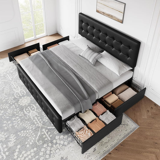 Qeetex IDEALHOUSE Bed Frame with 4 Storage Drawers and Headboard  Linen Upholstered Platform Bed Frame with Wooden Slats Support  Button Tufted Design  No Box Spring Needed