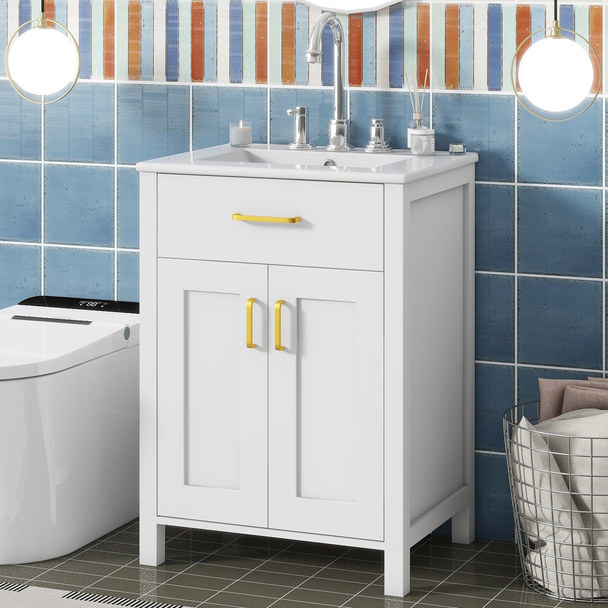 Dexmalle 24-in Black Freestanding Single Sink Bathroom Vanity with White Top and Cabinet