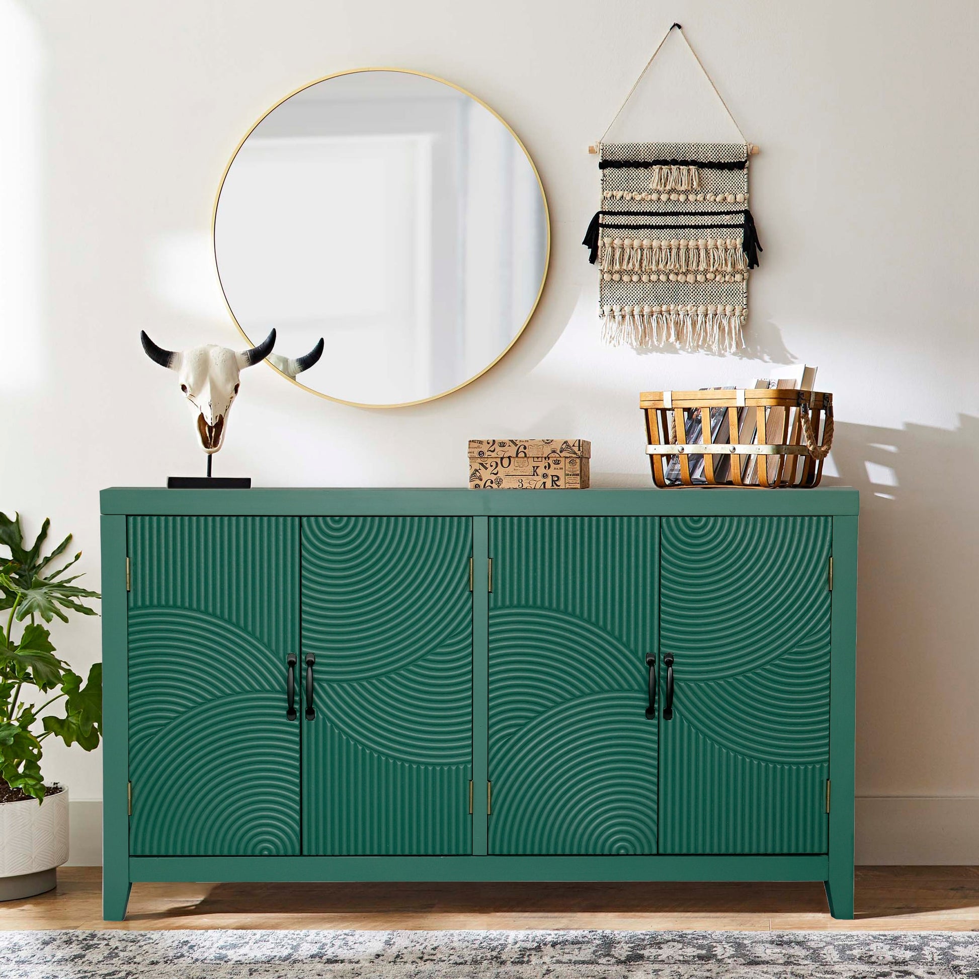 Tatayosi 59 Inch Mid-Century Green Accent Cabinet with Carved Doors and Adjustable Shelves
