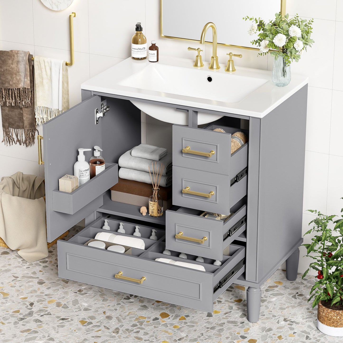 ModernLuxe  30inch Bathroom Vanity with Ceramic Sink SoftClose Door with Builtin Shelf Deep Drawer Standard Drawer Long Divider Drawer Ample Storage Cabinet for Bathroom Modern  Functional Design