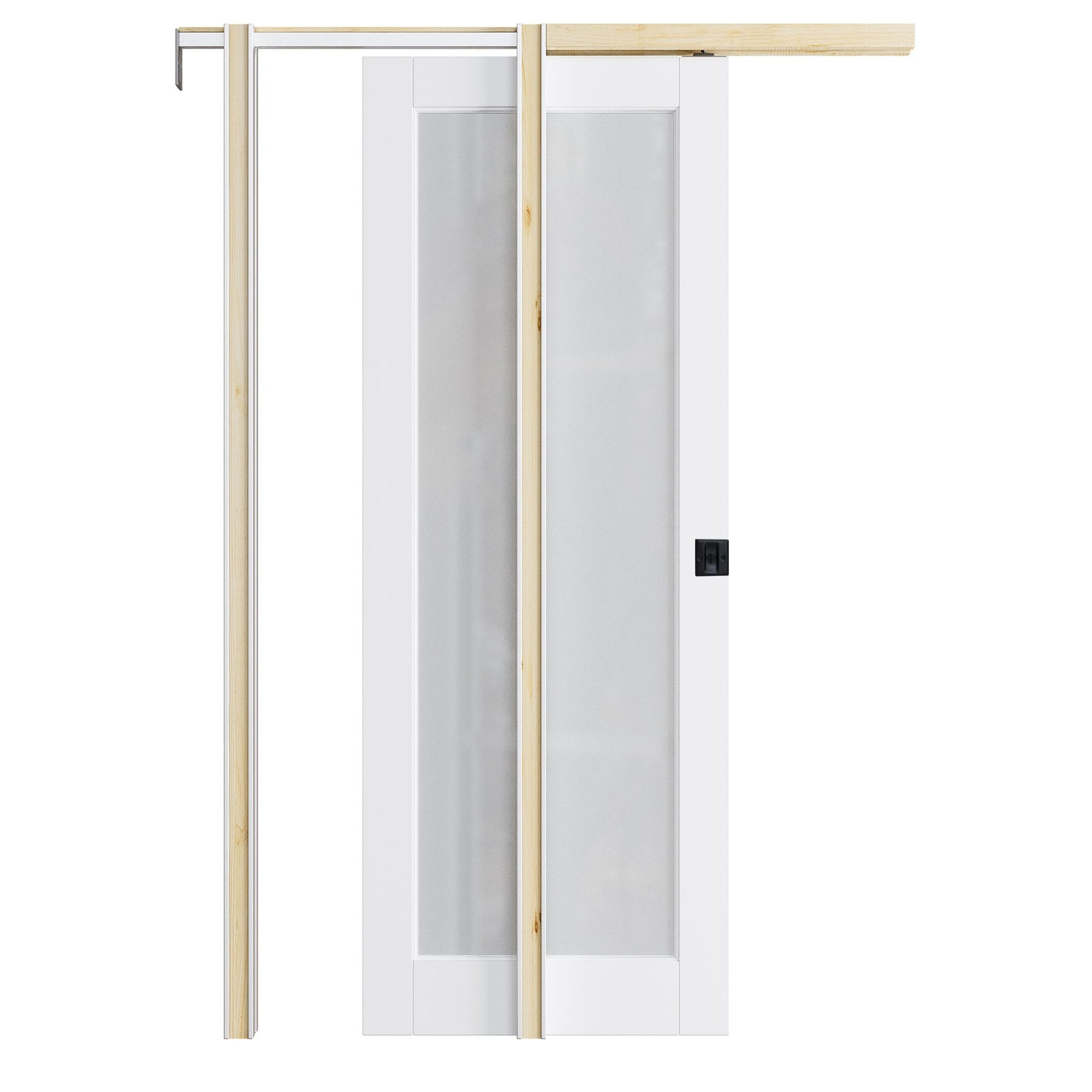 AINLARRY 28-in x 80-in Wood Pocket Door Frame with 1-Lite tempered frosted glass Pocket Sliding Door, Pocket door Black lock and Hardware Soft Close Included