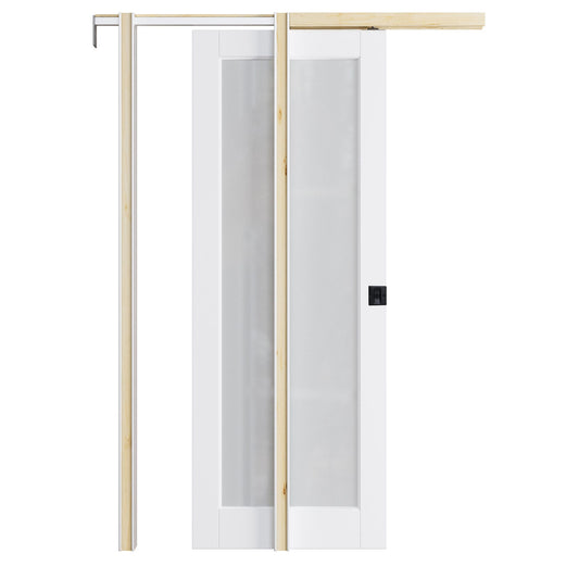 AINLARRY 28-in x 80-in Wood Pocket Door Frame with 1-Lite tempered frosted glass Pocket Sliding Door, Pocket door Black lock and Hardware Soft Close Included