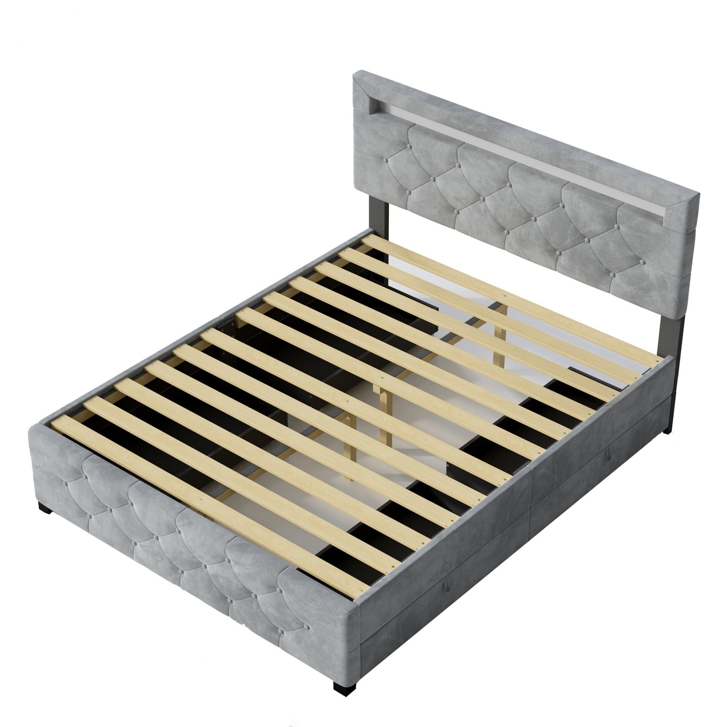 SINOFURN Gray Full Wood veneer Bed frame Bed with Storage