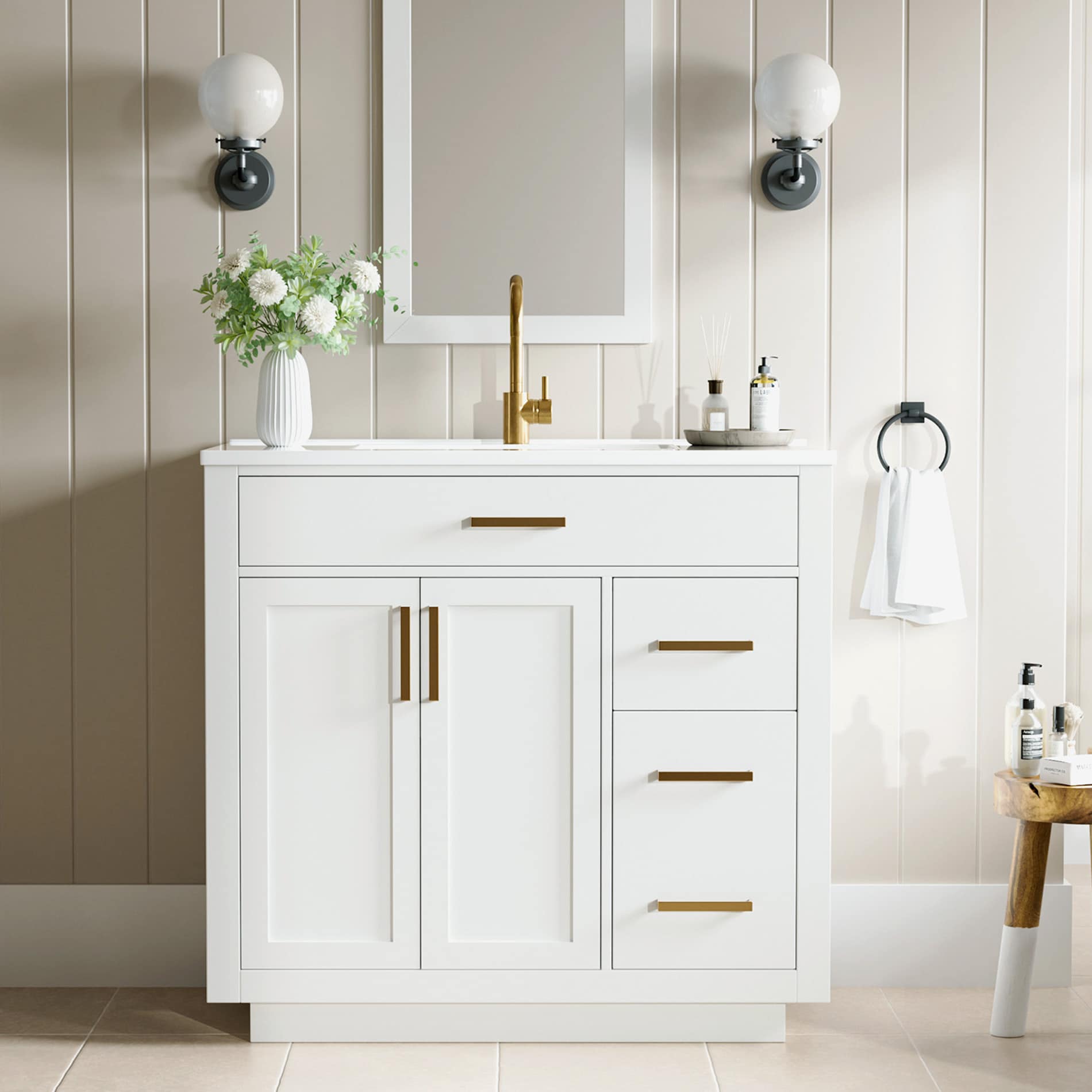 Serwall 36-in Single Sink White Bathroom Vanity with White Polymarble Top