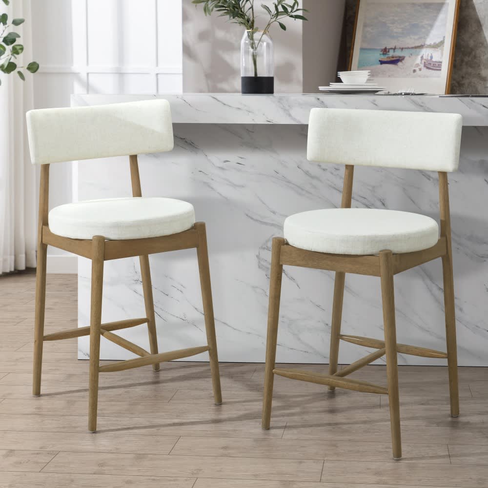 Coolbibila 2 Piece Modern Beige Fabric Upholstered Counter Stools with Natural Rubberwood Frame for Kitchen Bar