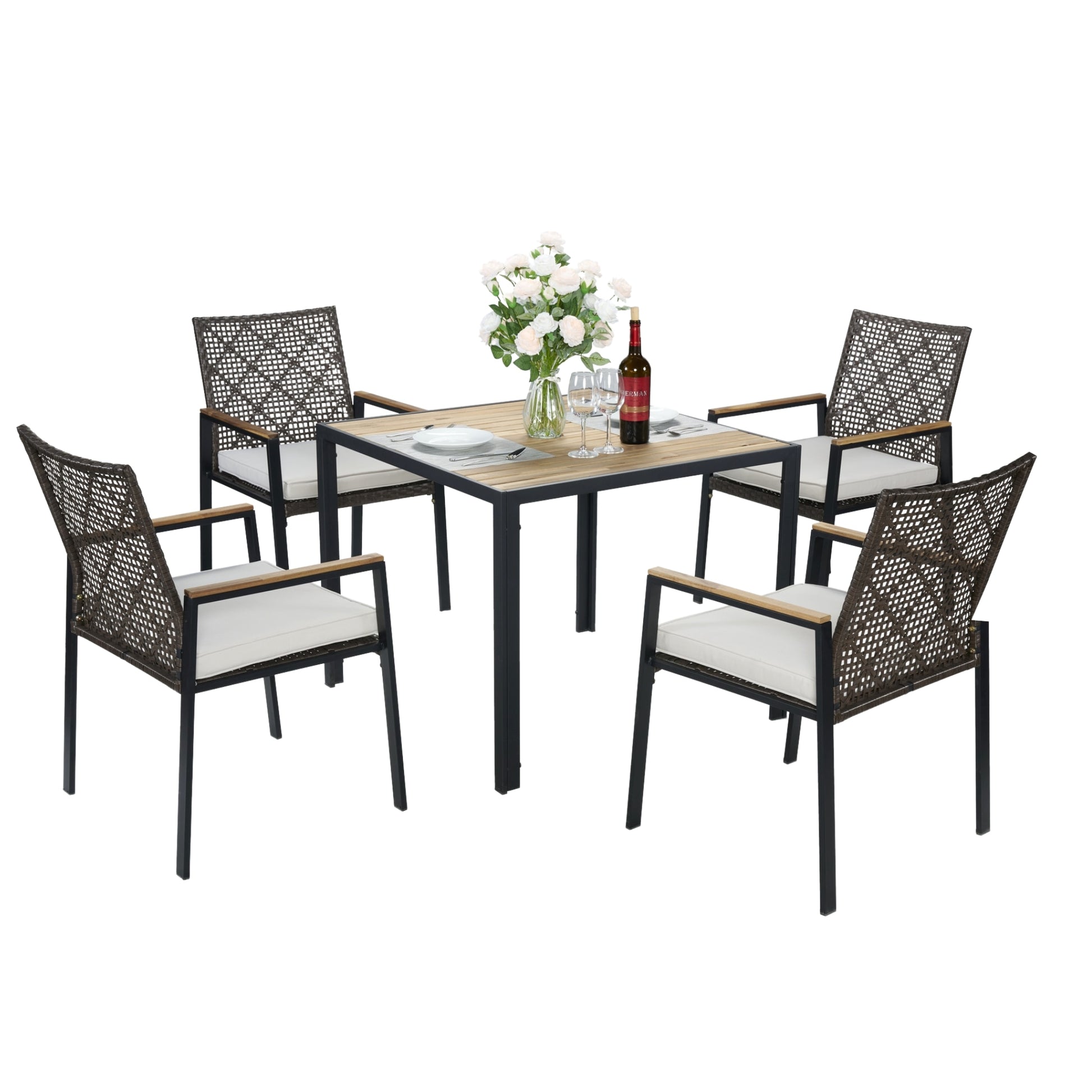 Tatayosi 5 Piece Brown Plastic Chair Steel Table Outdoor Dining Set for Garden Patio