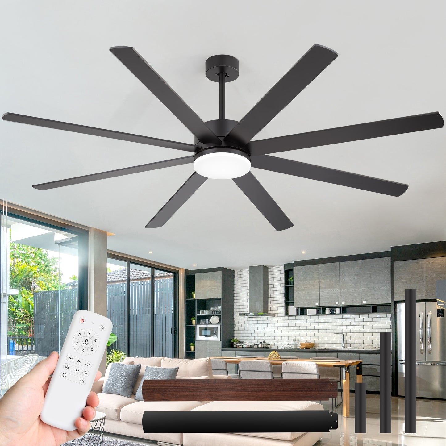 Breezary 72-in Color-Changing Integrated LED Matte Black with Deep Walnut and Black Blades Ceiling Fan With Light 8 -Blade )