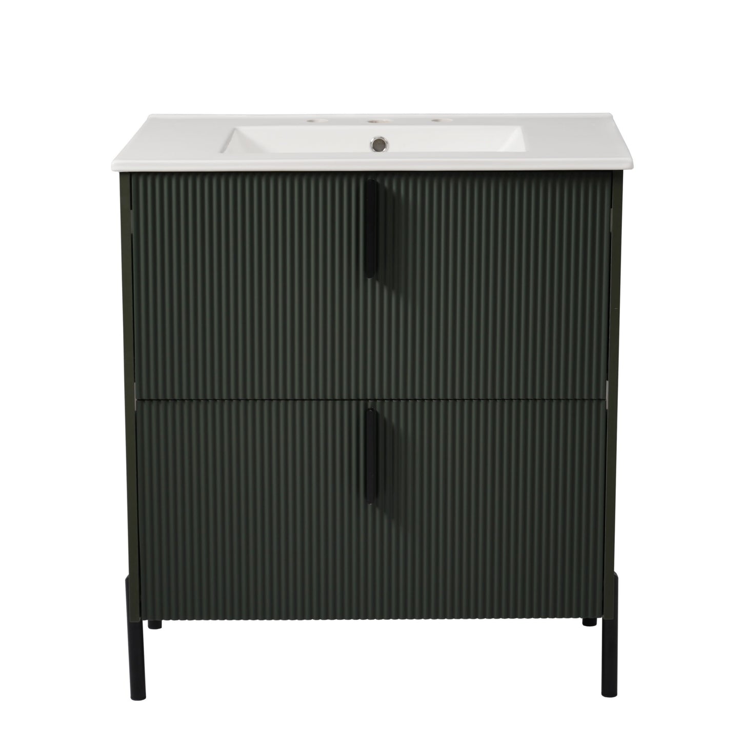 Vynxaria  30 Inch Sage Green Fluted Bathroom Vanity with Ceramic Sink One Complete Unit Solid Wood Cabinet Two Full Extension Soft Close Drawers