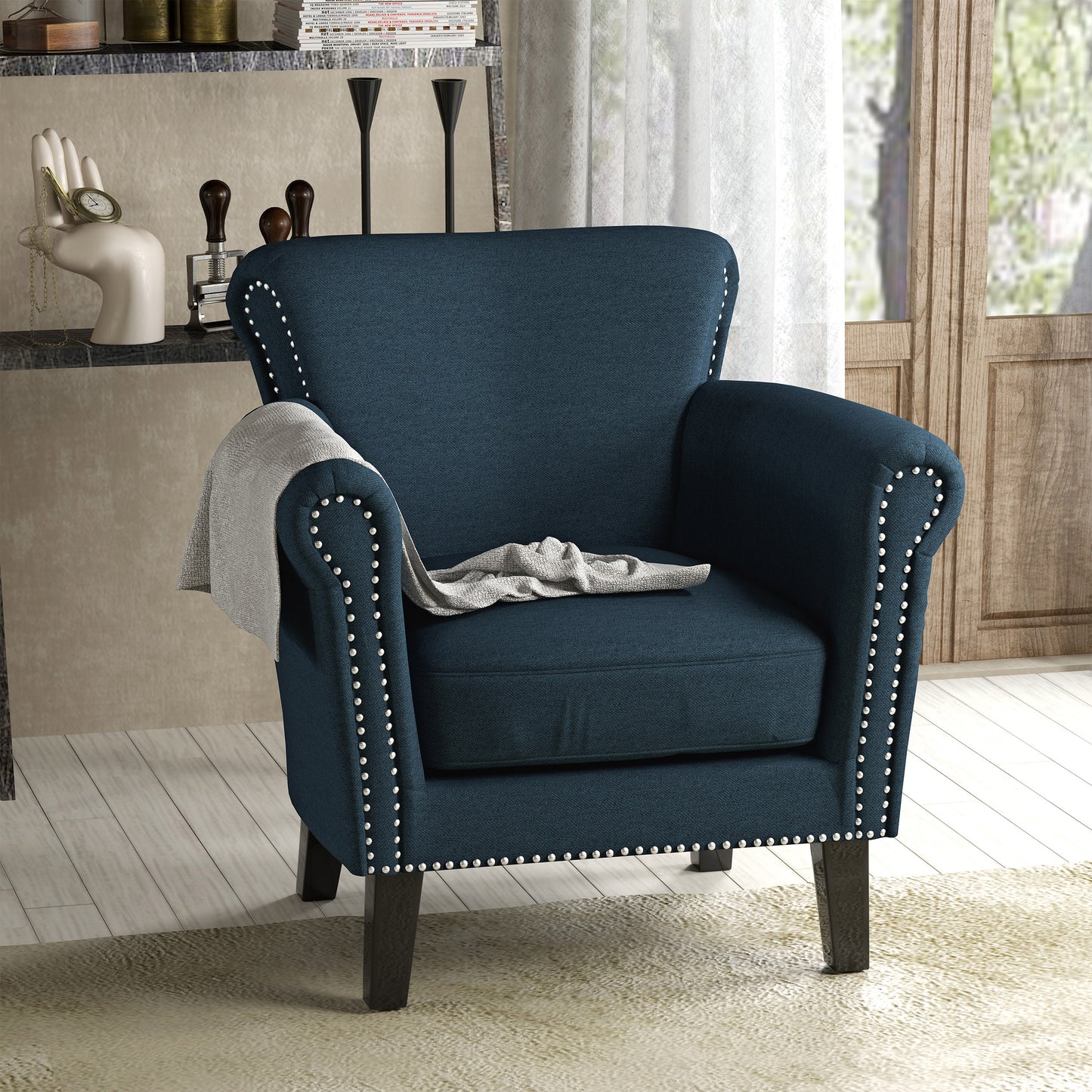 LOVMOR Elegant Navy Blue Fabric Club Chair with Nailhead Trim and Birch Wood Legs