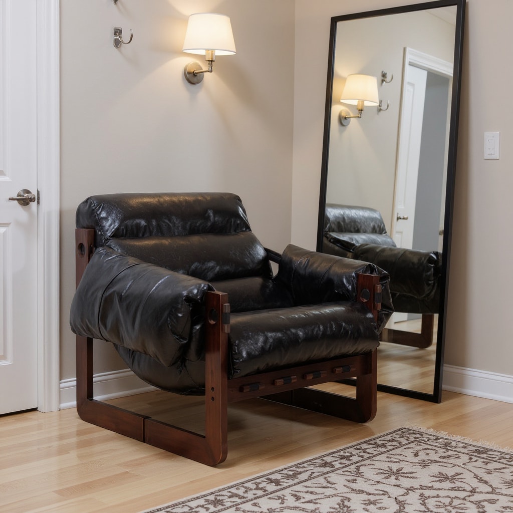 Homy Casa Midnight Black Top Grain Leather Wingback Chair with Removable Armrests Rubberwood Frame Mid Century Modern Style 27.5in W