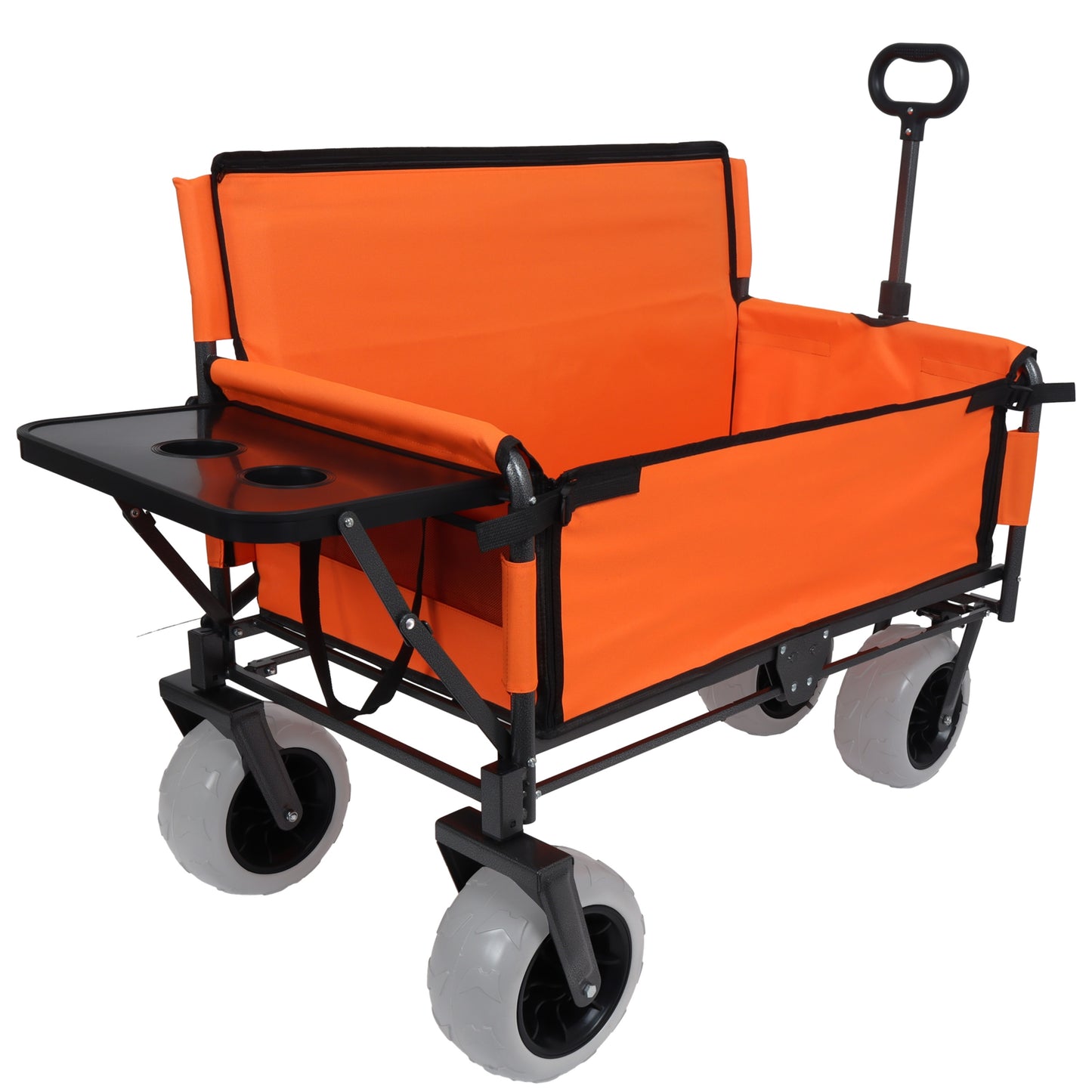 Tatayosi 3 in 1 Folding Wagon with Bench Seat and Rear Mounted Folding Tabletop 500lbs Capacity 9 Inch x 4 Inch Beach Tires for Camping Orange