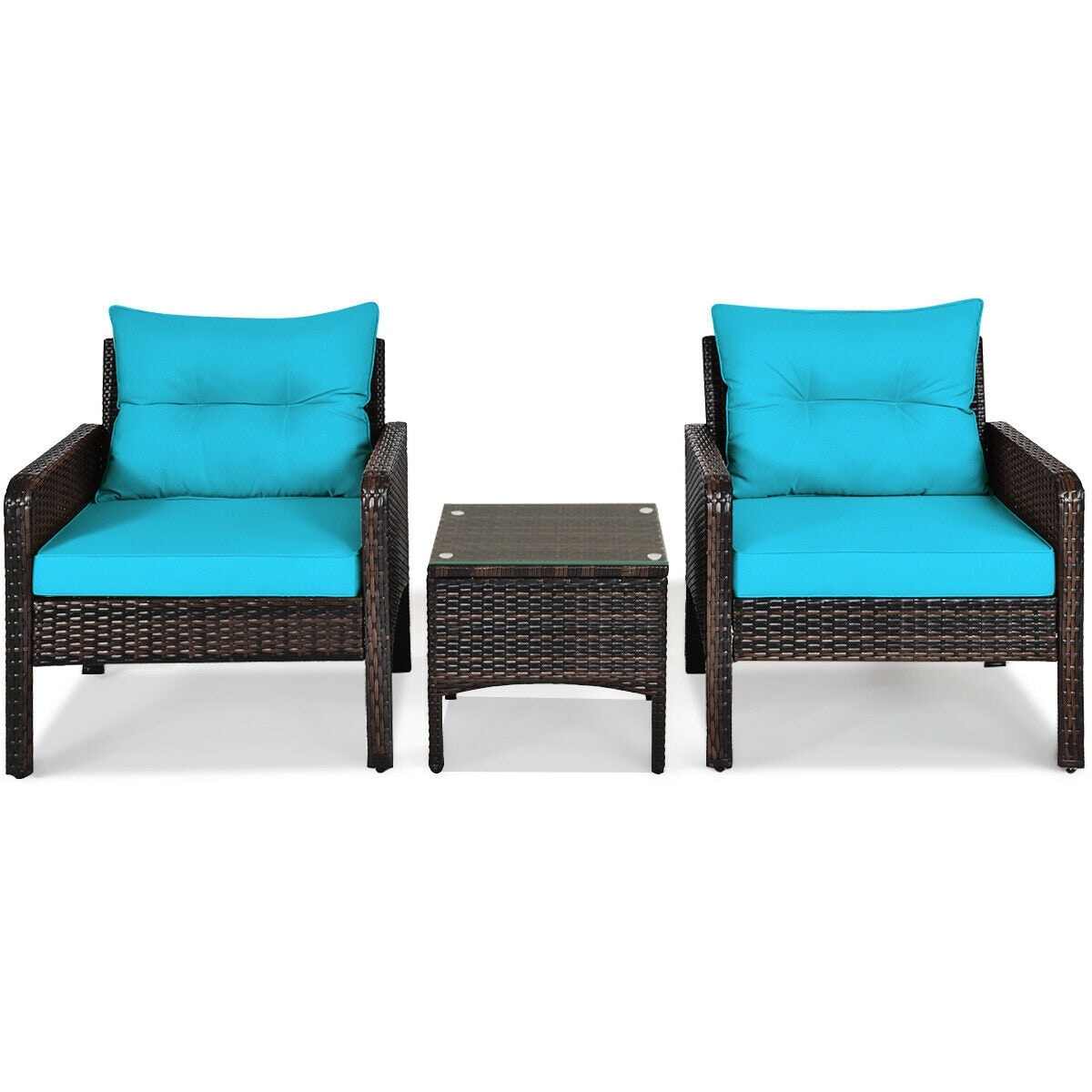 Slickblue 3-Piece Rattan Patio Conversation Set with 2 Armchairs Cushions and Coffee Table Included for Porch Balcony Garden or Poolside- Beige/ Turquoise/ Red/ Black/ Navy
