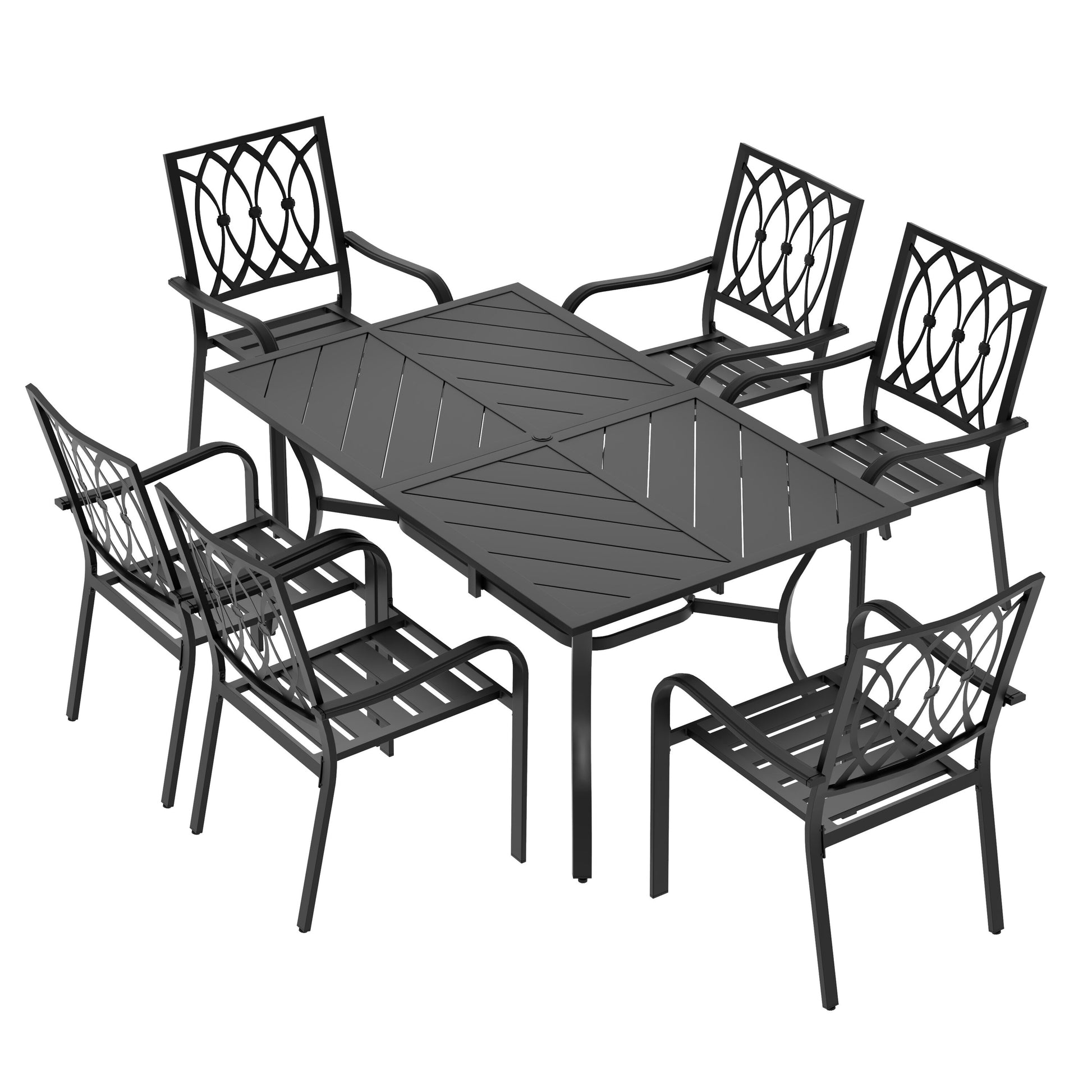 Nuu Garden 7 -Piece Black Patio Dining Set Iron Rectangle Table with 6 Stationary Chairs