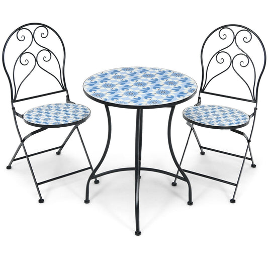 Slickblue 3-Piece Black Patio Bistro Set with 2 Folding Chairs 1 Mosaic Top Table Floral Ceramic Table Ergonomic Seats Patio Porch Balcony