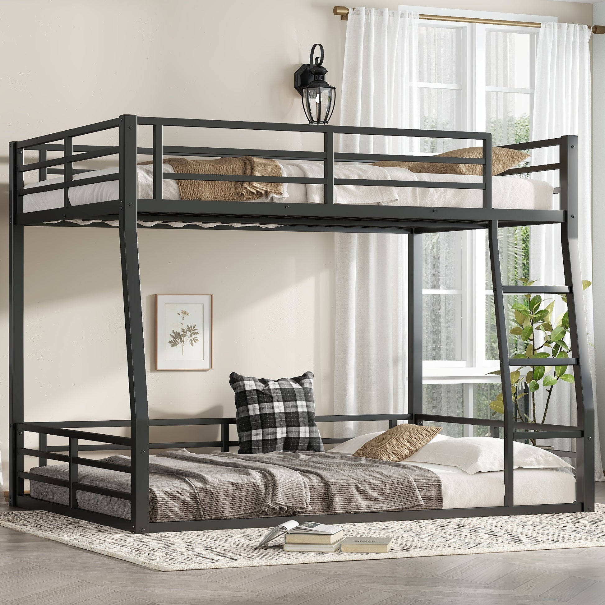 Tatayosi Full XL over Queen Metal Bunk Bed Space Saving Noise Reduced No Box Spring Needed for Teens Adults Black