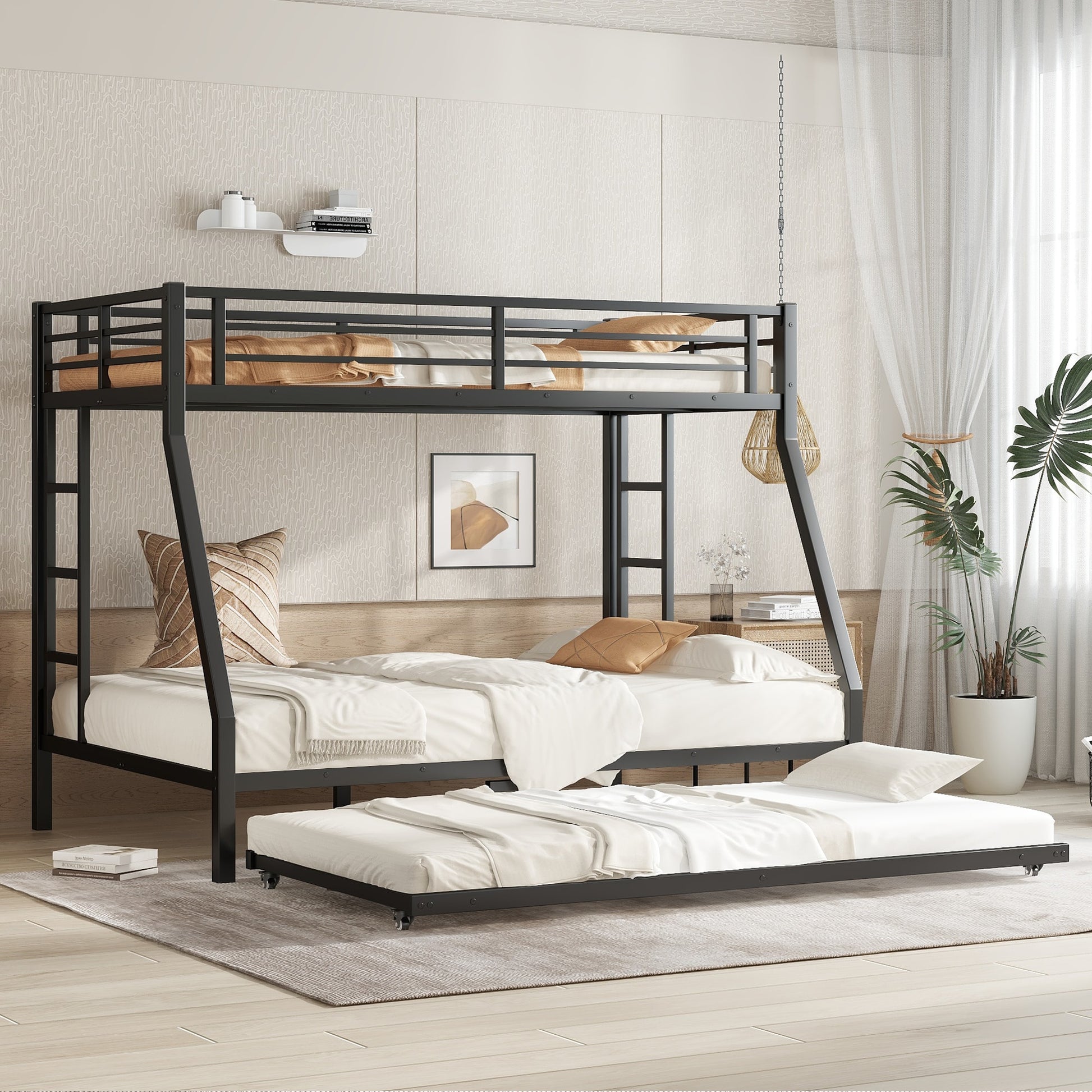 Tatayosi Black Twin over Full Metal Bunk Bed with Twin Size Trundle