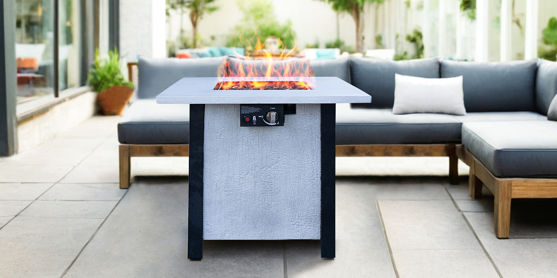 LOVMOR 25 inch H Outdoor Patio Propane Gas Fire Pit Table 50000 BTU High temperature resistant carving process Environmental materials Charcoal grain effect
